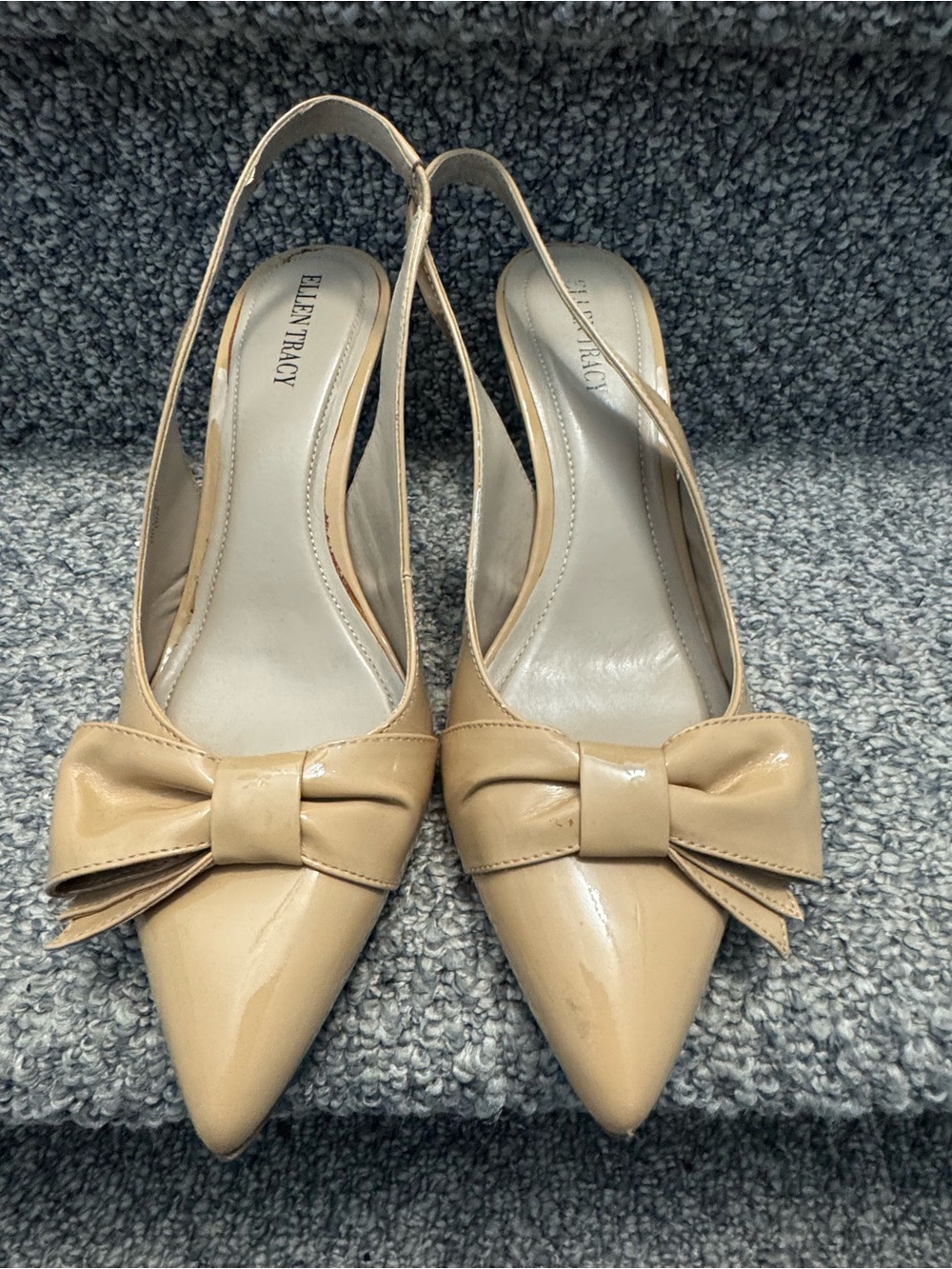 Ellen Tracy Nude Patent Pointed-Toe Slingback Heels with Bow